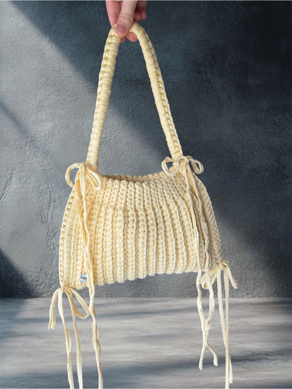 Cream Woven Shoulder Bag with Braided Handle